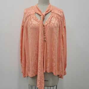 Free People Lucca Tie Neck Jacquard Coral Blouse Sz S Nwot Boho Vintage Inspired